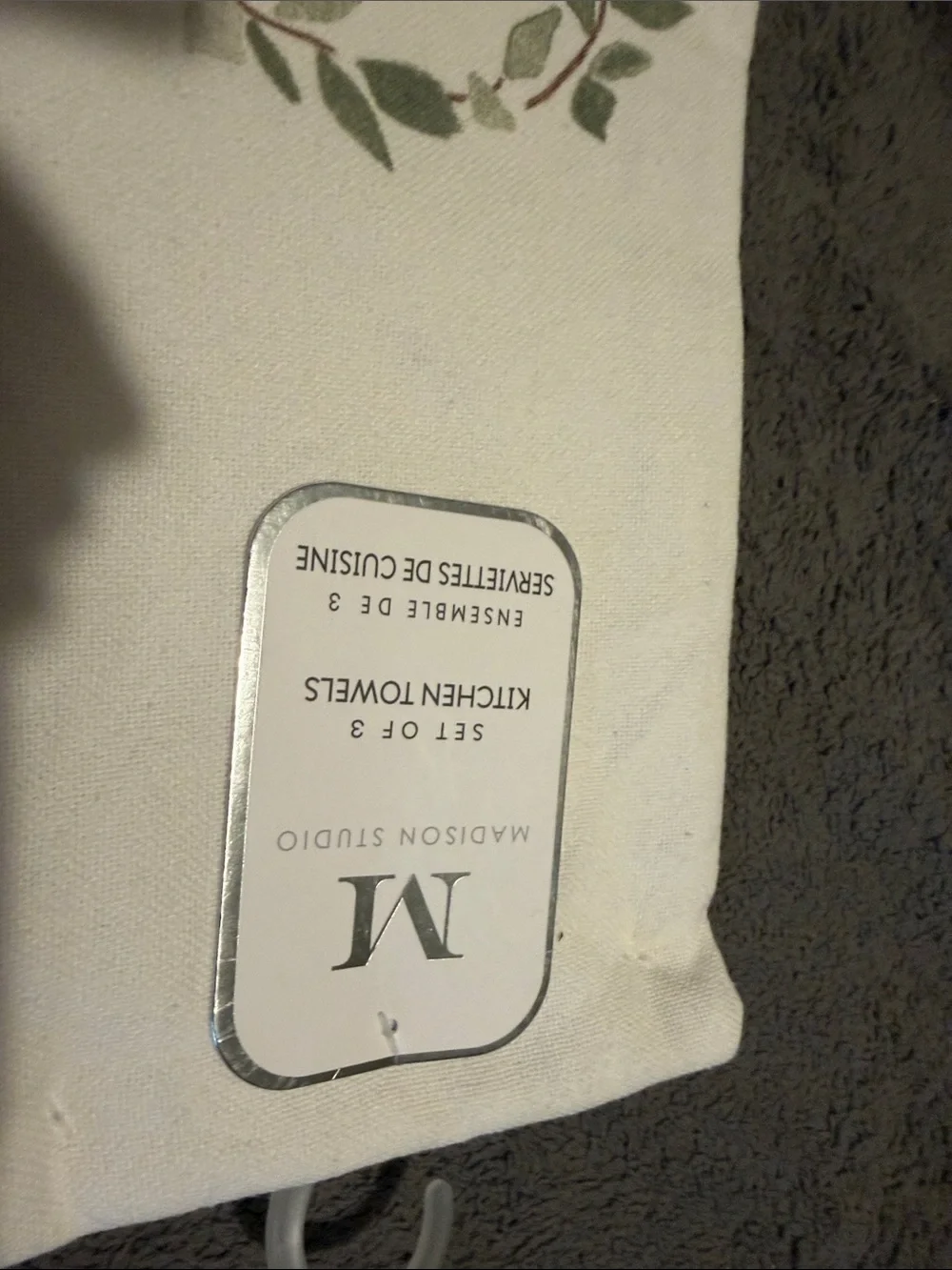 Madison Studio Cream Kitchen Towel with Bird and Green Wreath